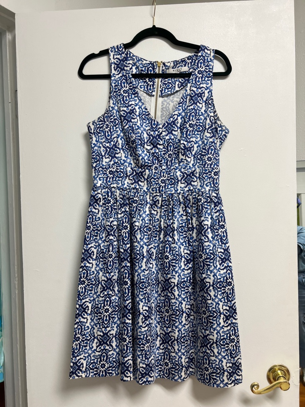 Milly Blue and White Printed V-Neck Cotton Sleeveless A-line Mini Dress Medium 8